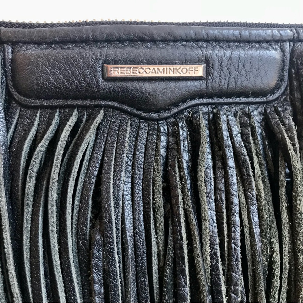 Rebecca Minkoff Purse Finn Black Leather Suede Fringe Clutch Crossbody Bag - Picture 4 of 10